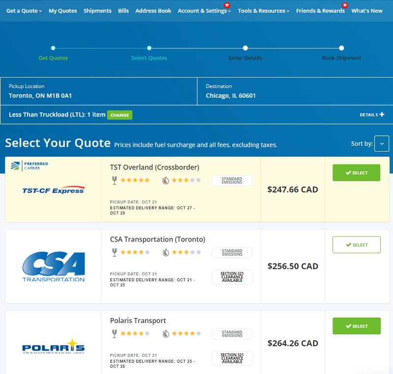 Freight quotes instantly served online on Freightera website, screenshot