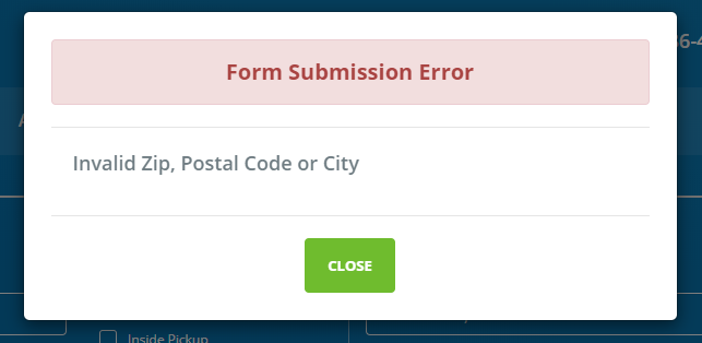 Form error example on Freightera quoting page