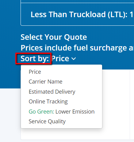 'Sort by' option on the quote results page on Freightera