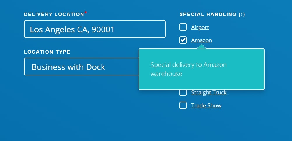 A screenshot showing the Amazon special handling option on the Freightera website