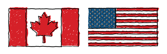 A depiction of the Canadian and US flags one next to the other