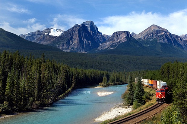 A train near a lake