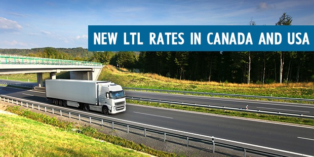 Truck on the road with words ''New LTL Freight Shipping Rates Canada and USA''