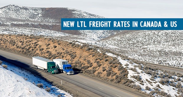 Two trucks on a road with words: New LTL Freight Rates in Canada and US