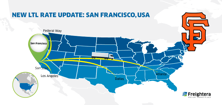 The USA map with major cities: San Francisco, CA