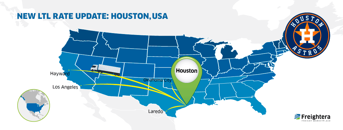 The USA map with major cities: Houston, TX