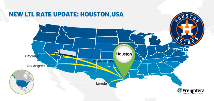 The USA map with major cities: Houston, TX