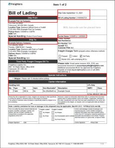 Example of a Bill of Lading