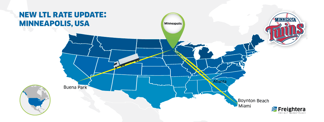 The USA map with major cities: Minneapolis, MN