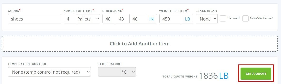 Quote form option on Freightera quoting page