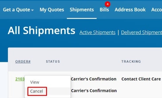 Cancel shipment option on Freightera shipper dashboard