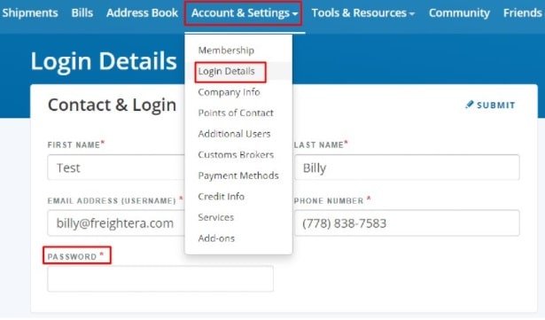 Password change option on Freightera shipper dashboard