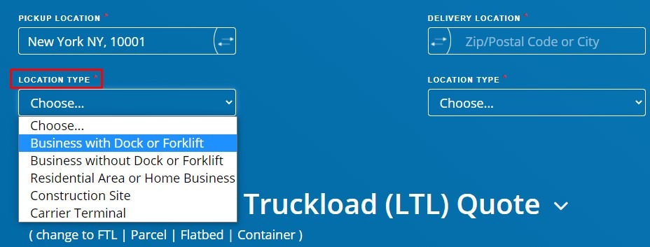 Location type option on Freightera quoting page