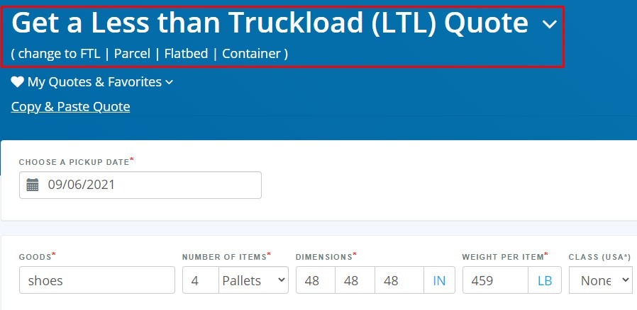 Quote type option on Freightera quoting page