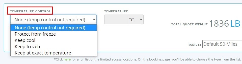Temp control option on Freightera quoting page