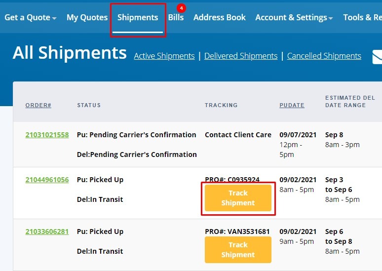 Tracking shipment option on Freightera shipper dashboard