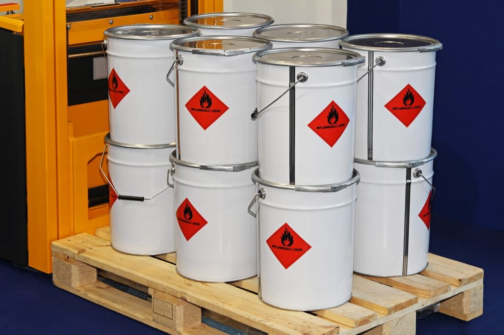 Flammable liquid in containers on a pallet