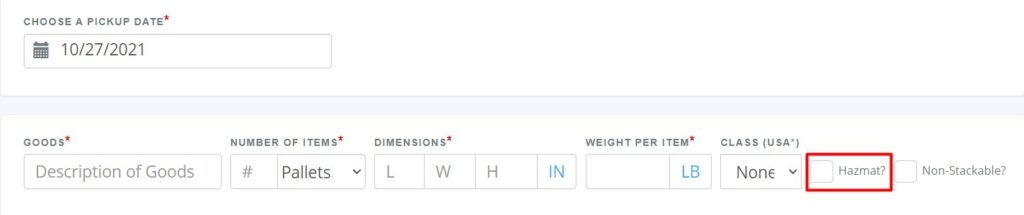 A screenshot showing the Hazmat checkbox on the Freightera website