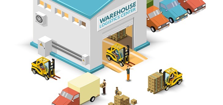 An illustration depicting cargo being loaded and unloaded at a warehouse