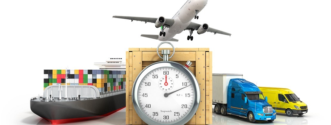 Different modes of transport on the background of a stopwatch