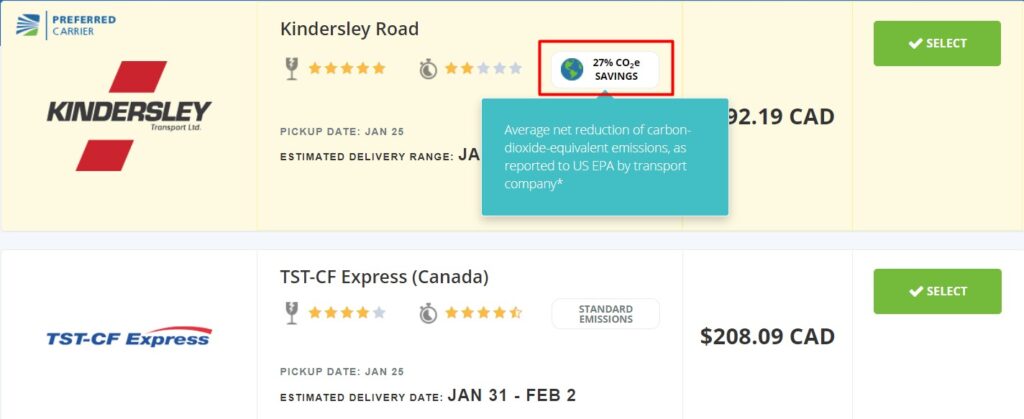 Screenshot of the Freightera CO2 emissions reduction badge