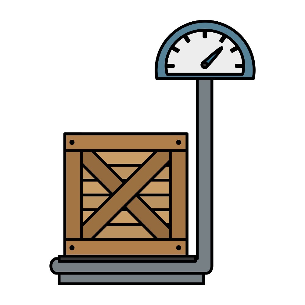 An illustration of an industrial freight scale with a crate on it