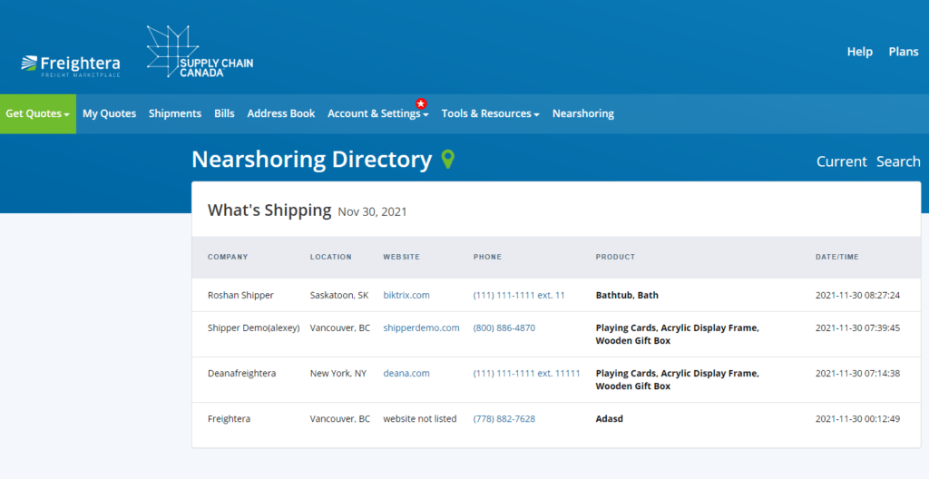 Nearshoring reshoring Freightera screenshot