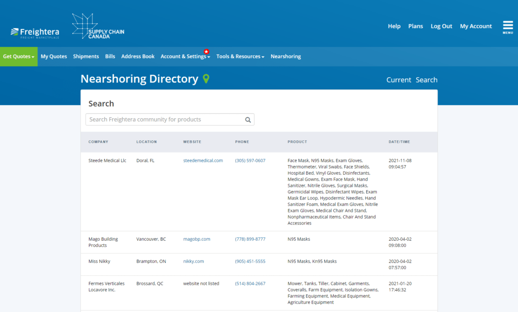 Nearshoring reshoring Freightera screenshot