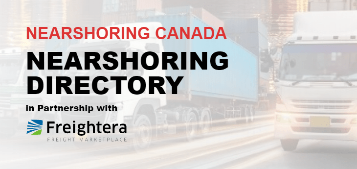 Nearshoring Canada Nearshoring Directory image with Freightera logo and trucks in the background S