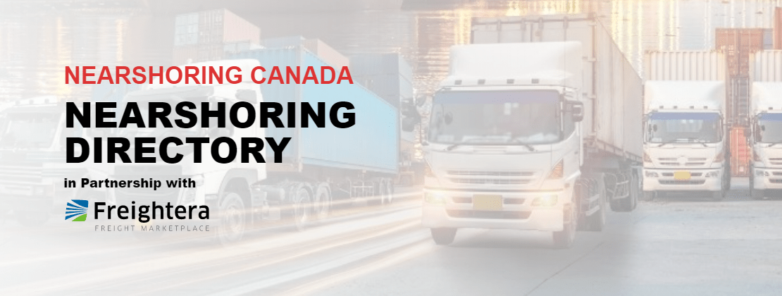 Nearshoring Canada Nearshoring Directory image with Freightera logo and trucks in the background