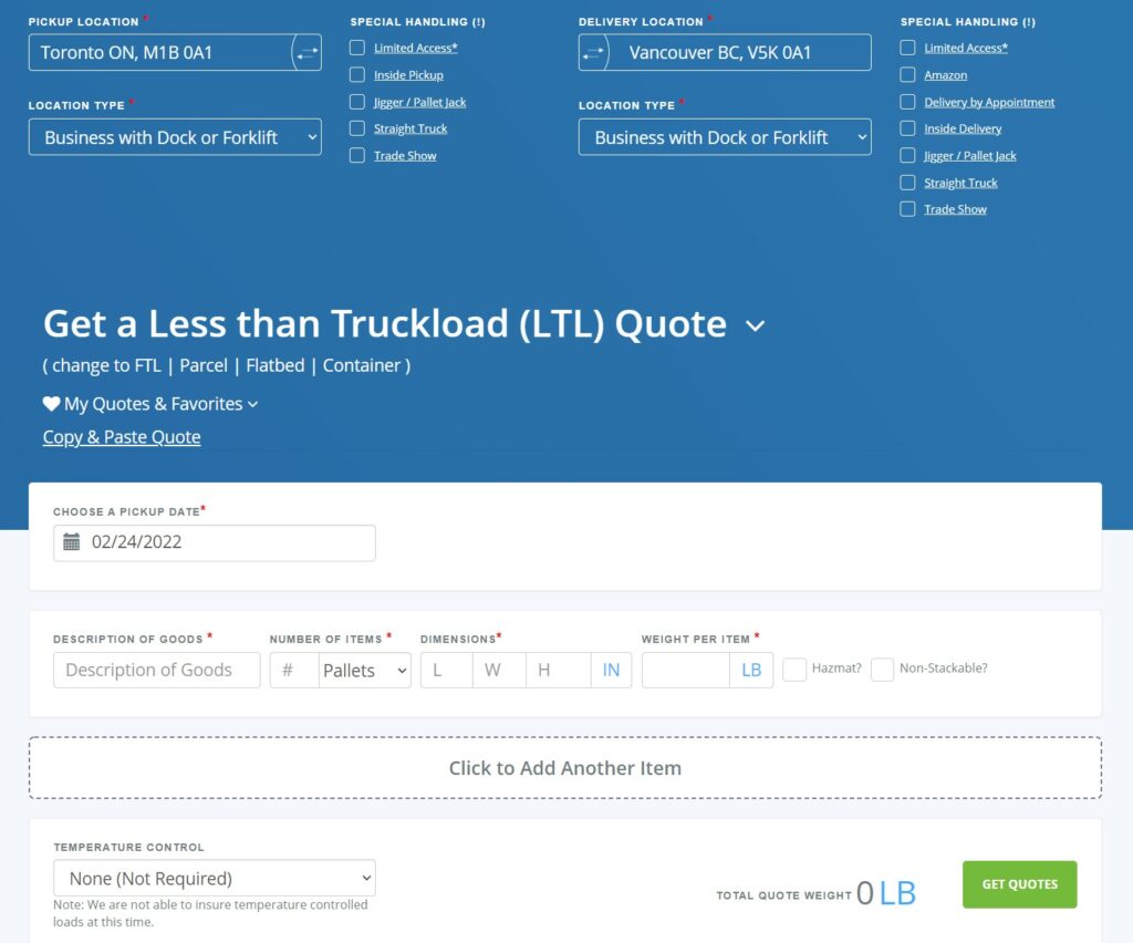 A screenshot of the Freightera Quoting Page With Extra Services Listed