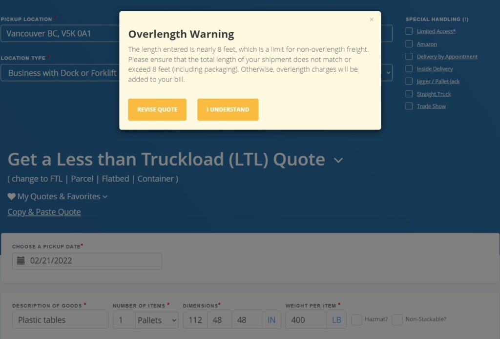 A screenshot of an overlength warning popup on the Freightera website