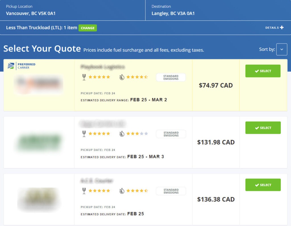 A screenshot Showing Freightera's Carrier Options on the Quoting Page