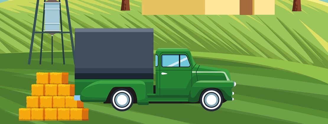 An illustration depicting a truck picking up hay at a farm