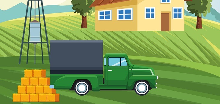 An illustration depicting a truck picking up hay at a farm