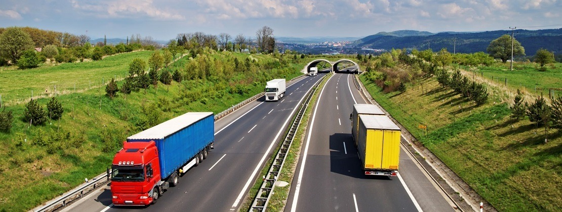 Freight trucks crossing underpass