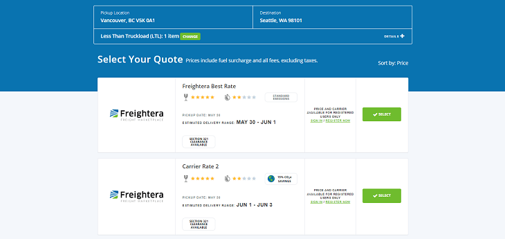 Freightera quote results page screenshot