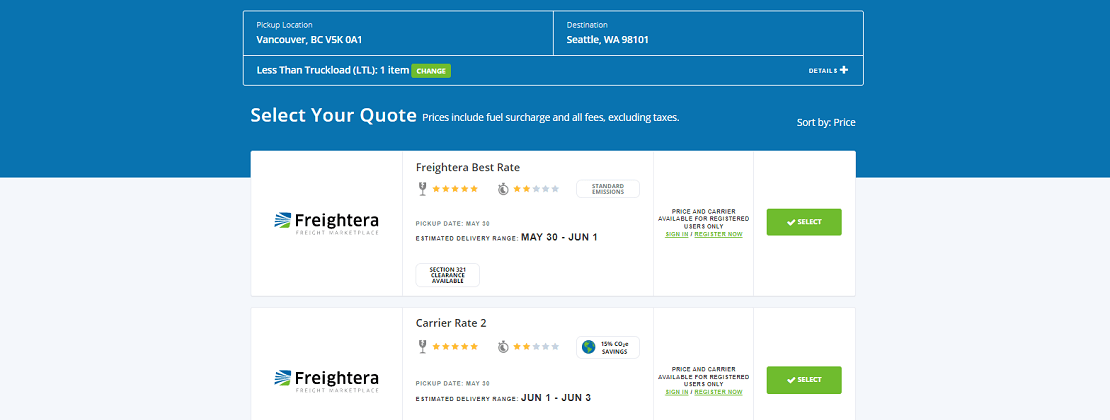 Freightera quote results page screenshot