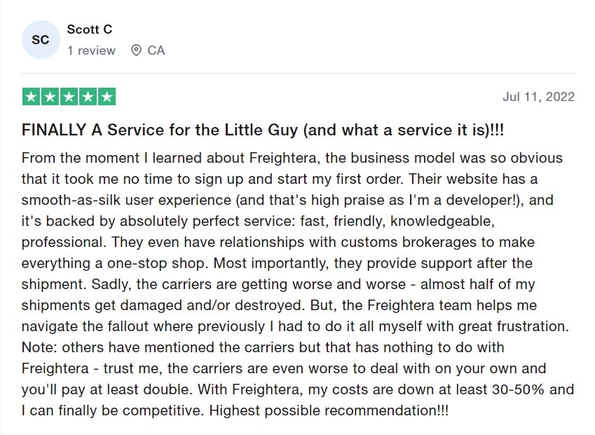 A screenshot of a five-star Trustpilot review