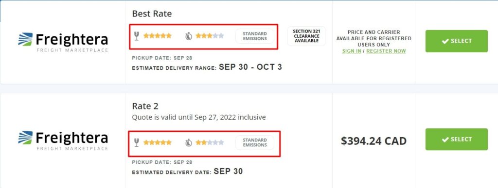 A screenshot showing the carrier rating on Freightera's website