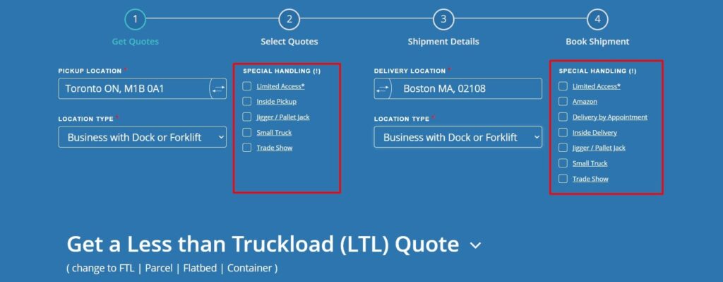 A screenshot showing the special handling services options on Freightera's website