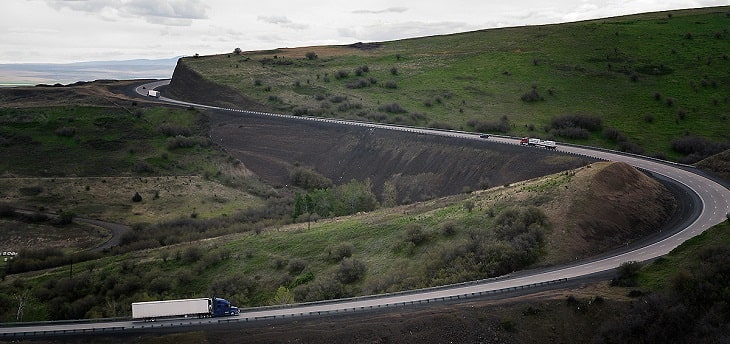 Trucks moving on a winding road