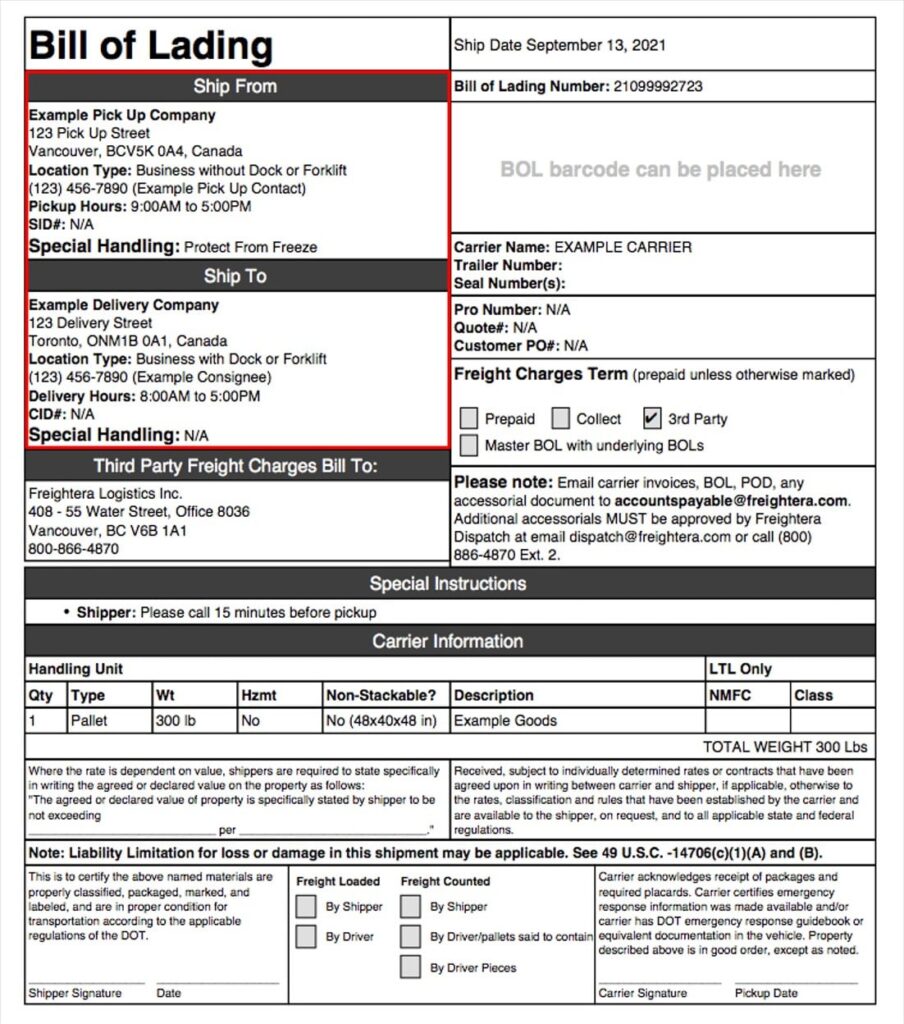 A freightera bill of lading showcasing the shipper's and consignee's information fields