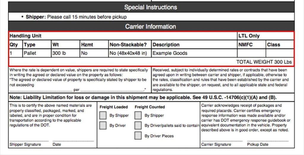 A freightera bill of lading showcasing the shipment information field