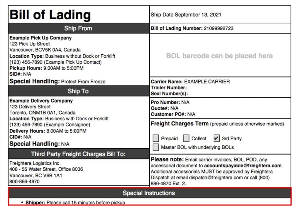 A freightera bill of lading showcasing the special instructions field