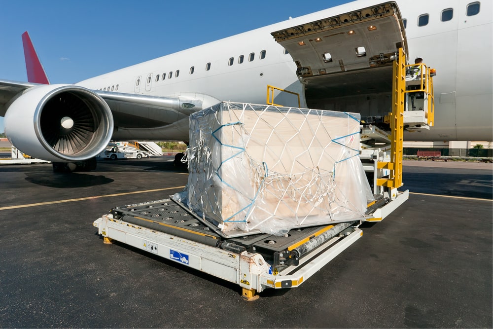 Cargo about to be loaded onto a plain via liftgate