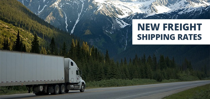Truck on the road with mountains in the background, with ''New Freight Shipping Rates'' text