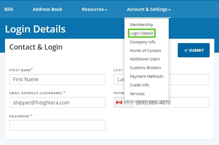 Password change option on Freightera shipper dashboard