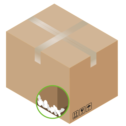 An illustration of a packaging box with an x-ray section showing additional padding inside the box