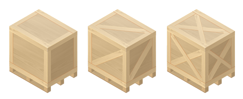 An illustration of packaging crates of varying structural integrities arranged from worst to best design